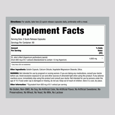Supplement Facts panel detailing St. Johns Wort 4800mg Capsules with 180 servings.