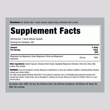 Supplement Facts panel for PIP Triple Magnesium Complex 420 mg, 200 Capsules.