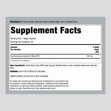 Supplement Facts panel for Ultimate Flora Saccharomyces Boulardii 20 Vcaps.