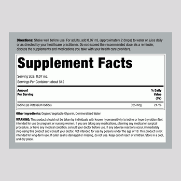 Iodine Liquid Organic 2 fl oz supplement facts panel displayed.
