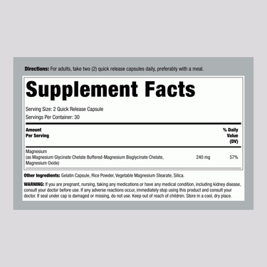 This is the Supplement Facts panel for LN Chel Mag 240mg 60 Capsules.
