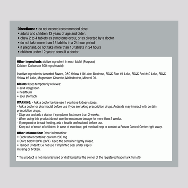 Supplement Facts panel for Geri-Care Calcium Rich Antacid with 150 chewable tablets.