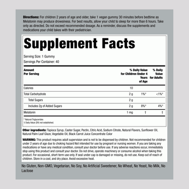 Supplement Facts for 1mg Kids Melatonin Gummies, 40 count.