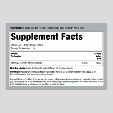 Supplement Facts panel for Vitamin D3 1000 IU, 120 Softgels.