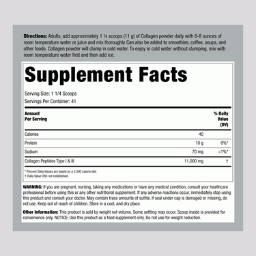 Supplement Facts for PeptiFit Collagen Peptides Type I & III, 1 lb.