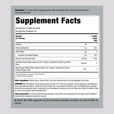 Supplement Facts panel displaying details for Beet Root 60 Gummies.