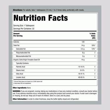 Image of the Supplement Facts panel for organic pumpkin seed oil, 16 oz.