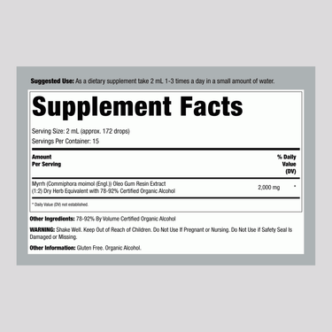 Supplement Facts for Nature's Answer Myrrh Gum Liquid Extract, 1 fl oz bottle shown.