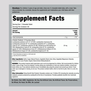 Supplement Facts panel for Kids 10B Probiotic Chewable Tablets, 60 Count.