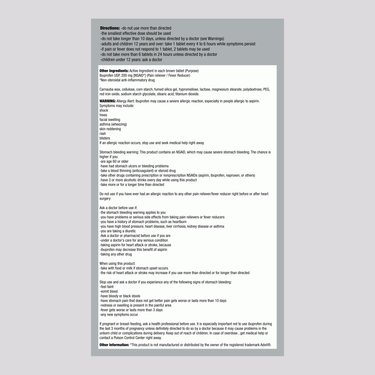 Image shows Supplement Facts panel for Health Star ibuprofen 200 mg bottle containing 100 tablets.