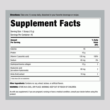 Supplement Facts panel for NeoCell Super Collagen Plus Vitamin C & Hyaluronic Acid Powder, 20.6 oz (1.3 lb).