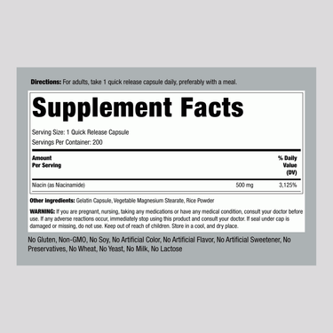 Label showing Supplement Facts for Niacinamide 500 mg Capsules, quantity 200.