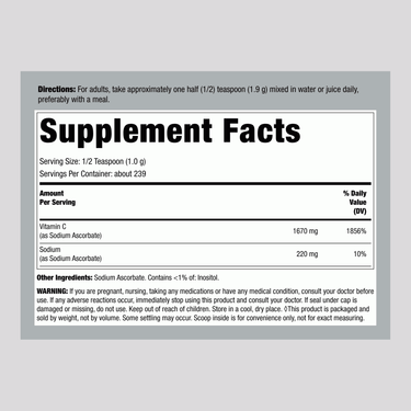 Supplement Facts panel for Sodium Ascorbate Buffered Vitamin C Powder, 16 oz.