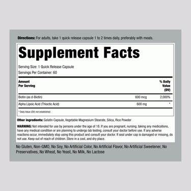 Image of Supplement Facts for Alpha Lipoic Acid 600 mg, 60 Capsules.