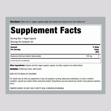 Supplement Facts for NCL Hyaluronic Acid 125 mg, 60 Capsules.