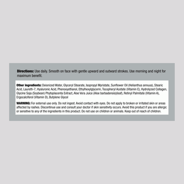 This is the Supplement Facts panel for Hyaluronic Acid Night Cream, size 4 OZ, detailing the ingredients and nutritional information.