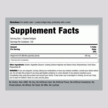 Supplement Facts panel for Ultra Peppermint Oil 50 mg with 120 coated softgels.