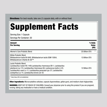 Supplement Facts for Ult Flora Women's 25 Billion, 30 vegetable capsules.