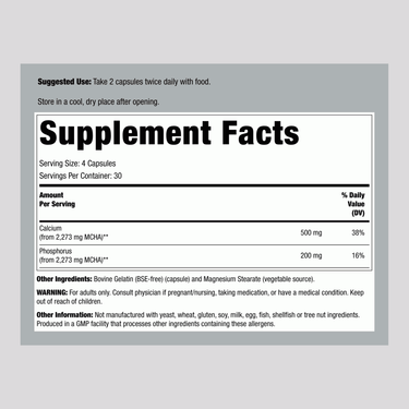Image showing the Supplement Facts panel for Calcium Hydroxyapatite 120 Caps.