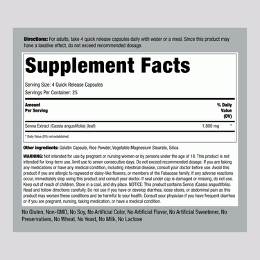 Supplement Facts showing Senna leaves capsules with 1800mg potency in a 100 capsule count format.