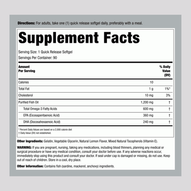 Supplement Facts panel for Fish Oil 1,200 mg Double Strength, 90 Softgels, displayed.