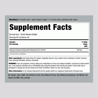 Supplement Facts panel showing details for Ubiquinol 100 mg Softgels, 60 count.
