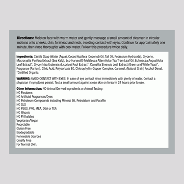 Supplement Facts panel for Desert Essence Thoroughly Clean Face Wash with Kelp, 8.5 oz.