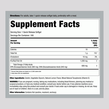 Supplement Facts panel displaying details for Fish Oil 1,200 mg containing 180 softgels.