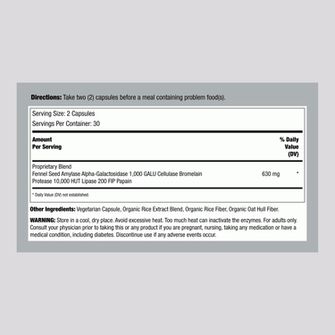 Image of Supplement Facts panel for Gas Ease, showing ingredients and dosage for 60 vegetable capsules.