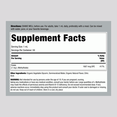 Supplement Facts panel for Carlyle L-Methylfolate shows details of 1 mg in a 2 oz liquid form.