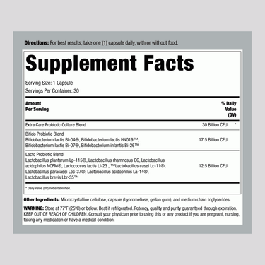 Supplement Facts panel for Ult Flora Extra Care 30 Billion, featuring 30 vegetarian capsules.