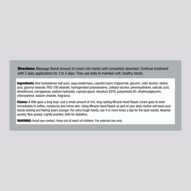 Supplement Facts panel for Mir of Aloe Miracle Hand Repair 8oz tube, detailing ingredients and usage.