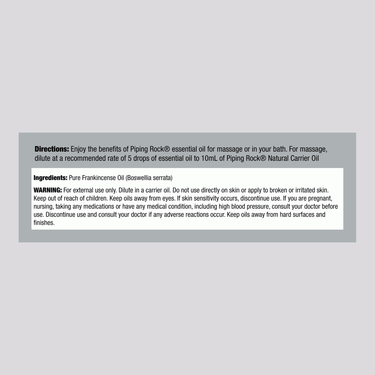 Image of the Supplement Facts panel for Frankincense Oil 2 oz bottle, detailing the ingredients and nutritional information.