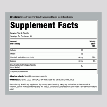 Supplement Facts for NCL Super Collagen and Vitamin C, 250 Tablets.