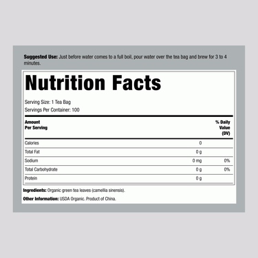 Supplement Facts panel showcasing the ingredients and nutritional information for Organic Green Tea Bags.