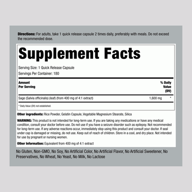 Supplement Facts for Sage Capsules, 1600 mg, 180 count.