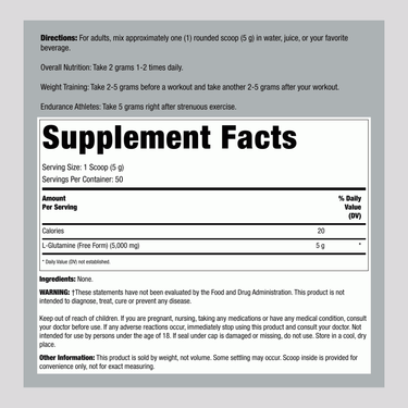 Supplement Facts panel detailing L-Glutamine Powder, 5000 mg per serving, with a net weight of 250 grams.