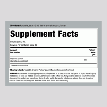 The Supplement Facts panel for Green Tea Liquid Extract AF 2 fl oz is displayed.