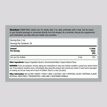 Supplement Facts panel showing details of Horbaach Liquid Zinc 2 fl oz.
