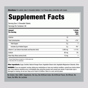 Chewable Vitamin C (Natural Orange), 1000 mg (per serving), 180 Chewable Tablets
