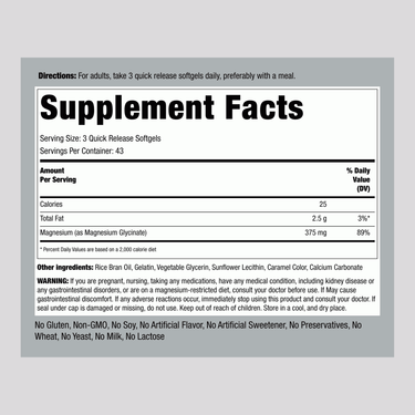 Image shows Supplement Facts for Mag Glycinate 375 mg, 130 Softgels.