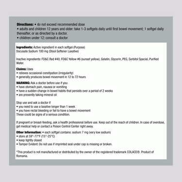 Supplement facts for Geri-Care Docusate Sodium 100 mg Softgels, 100 count bottle.