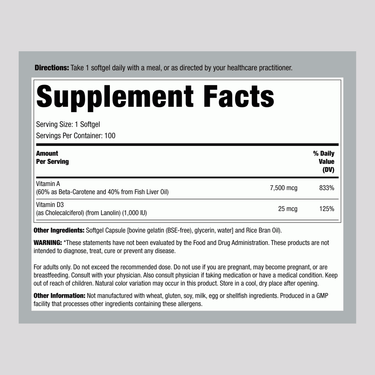 Supplement Facts for Now Vitamin A & D3 Softgels, 25,000 IU/1,000 IU, 100 count.