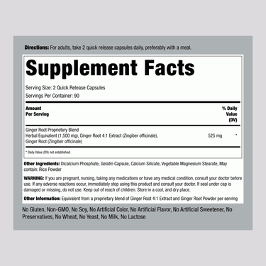 The Supplement Facts panel for Ginger Root 1500 mg with 180 capsules.