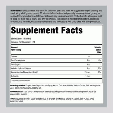 Supplement Facts panel for Kids Calm Sleep, featuring magnesium and melatonin, shown on Berry 120 Gummies packaging.
