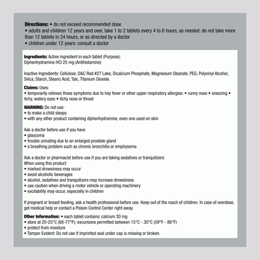 The Supplement Facts panel shows Health St Antihistamine Diphenhydramine 25 mg with 100 tablets.