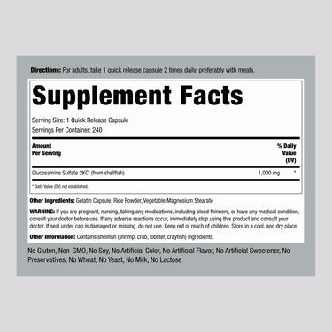 Supplement Facts for Glucosamine Sulfate 1000 mg Capsules, 240 count.