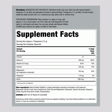 Supplement Facts panel for NV Calm Plus Calcium Unflavored 16 oz bottle, detailing nutritional information.