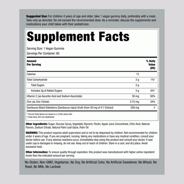 Label showing supplement facts for Kids Elderberry 60 Gummies.