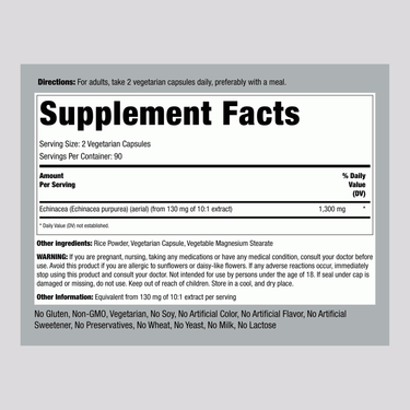 Supplement Facts for Echinacea 1300 mg Capsules, 180 count.